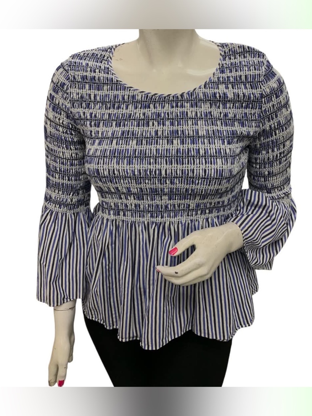 Jane and Delancey Blue and White Smocked Peplum Blouse Size XL